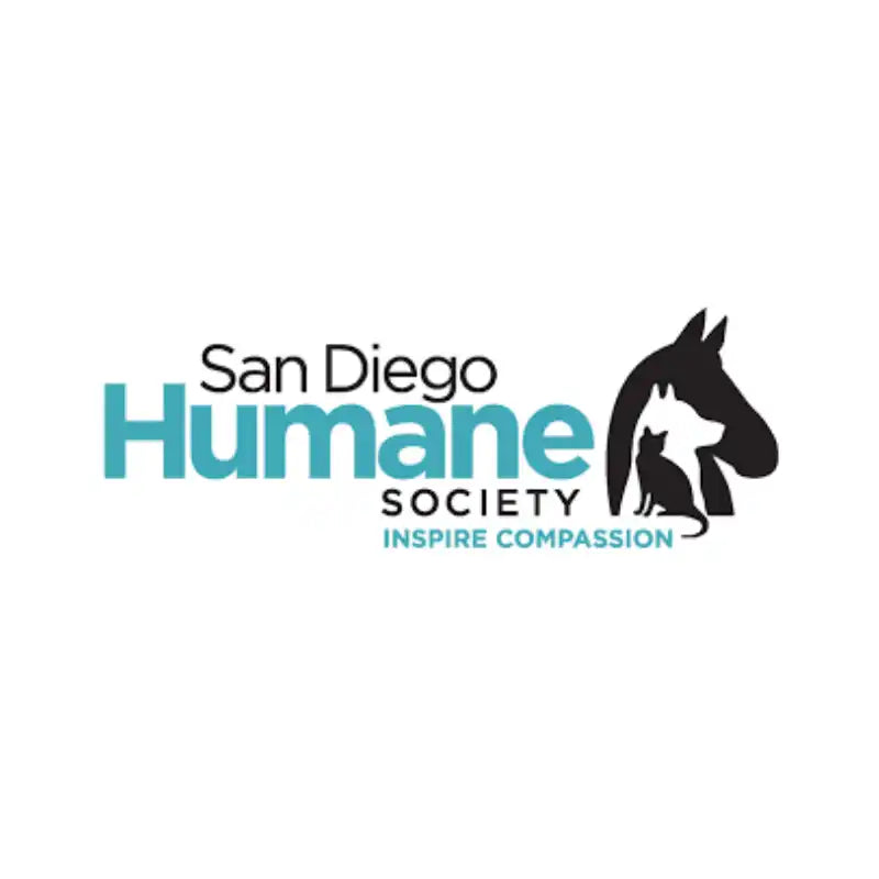 Logo for San Diego Humane Society featuring silhouettes of a horse, cat and dog alongside blue text.