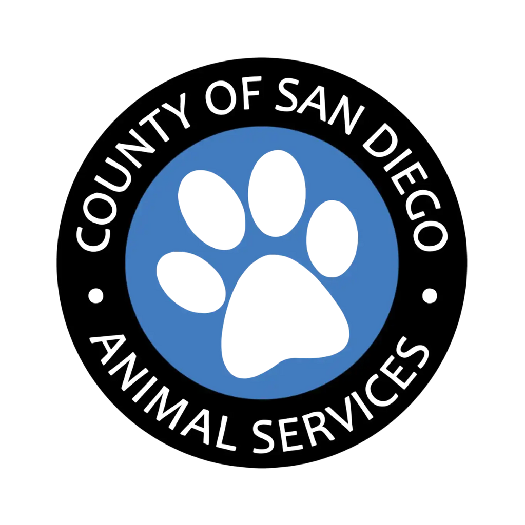 White paw print icon on a blue circular background within a black ring containing text for County of San Diego Animal Services.